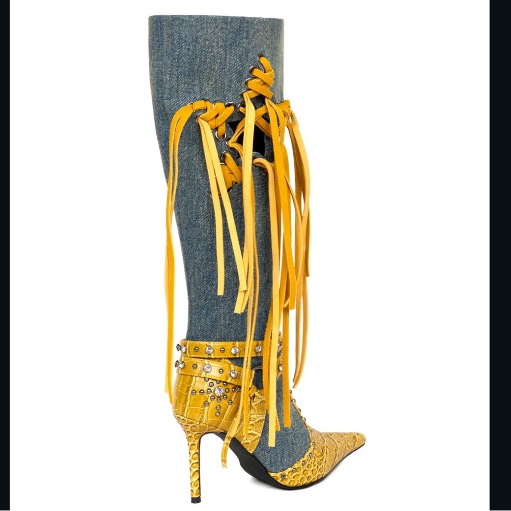 Yello Tokyo - Edgy Yellow Croc Fringe Studded Crystal Y2K Denim Heeled Boots - Picture 3 of 5
